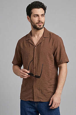 Basic Kısa Kol Tensel Erkek Gömlek Kahve 