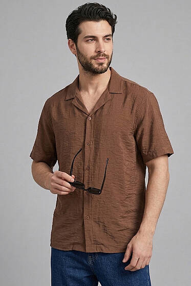 Basic Kısa Kol Tensel Erkek Gömlek Kahve - Yılın Fırsatı