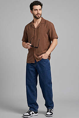 Basic Kısa Kol Tensel Erkek Gömlek Kahve - Yılın Fırsatı