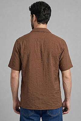 Basic Kısa Kol Tensel Erkek Gömlek Kahve - Yılın Fırsatı