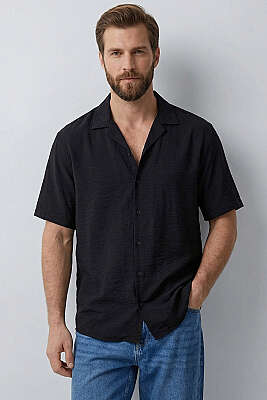 Basic Kısa Kol Tensel Erkek Gömlek Siyah 