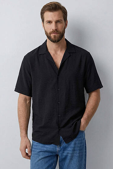 Basic Kısa Kol Tensel Erkek Gömlek Siyah - Yılın Fırsatı