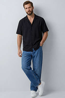 Basic Kısa Kol Tensel Erkek Gömlek Siyah - Yılın Fırsatı