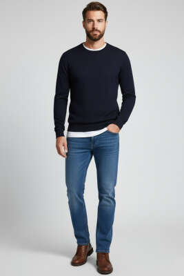 Basic Likralı Dar Paça Detaylı Erkek Pantolon Orta Mavi - Erkek Pantolon