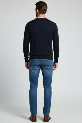 Basic Likralı Dar Paça Detaylı Erkek Pantolon Orta Mavi - Erkek Pantolon