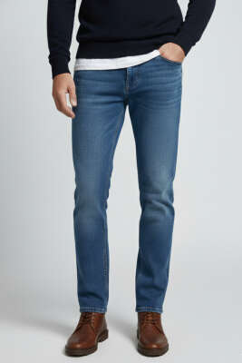 Basic Likralı Dar Paça Detaylı Erkek Pantolon Orta Mavi - Erkek Pantolon