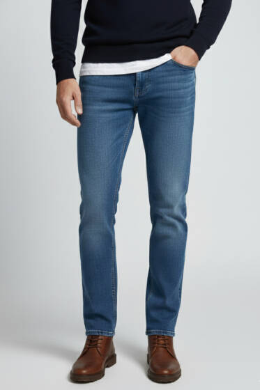 Basic Likralı Dar Paça Detaylı Erkek Pantolon Orta Mavi - Erkek Pantolon