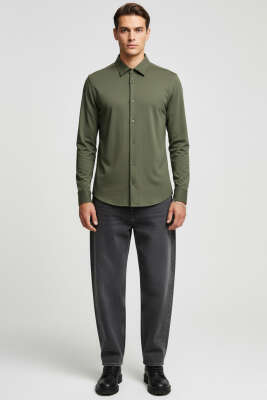 Basic Manşetli Erkek Gömlek Haki - Erkek Gömlek