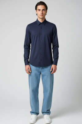 Basic Manşetli Erkek Gömlek Lacivert - Erkek Gömlek