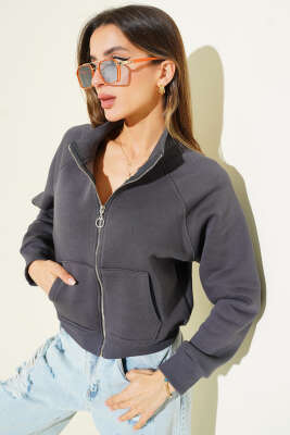 Basic Önü Fermuarlı Kısa Hırka Füme - Kadın Giyim Modelleri