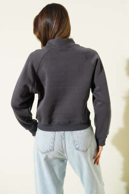 Basic Önü Fermuarlı Kısa Hırka Füme - Kadın Giyim Modelleri