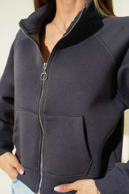 Basic Önü Fermuarlı Kısa Hırka Füme - Kadın Giyim Modelleri