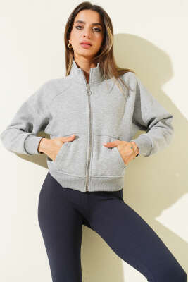 Basic Önü Fermuarlı Kısa Hırka Gri - Kadın Giyim Modelleri