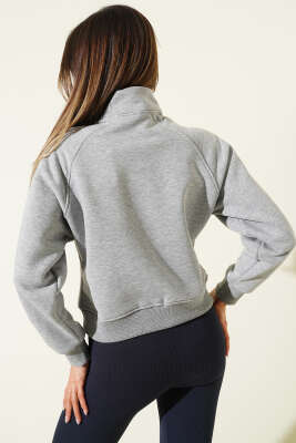 Basic Önü Fermuarlı Kısa Hırka Gri - Kadın Giyim Modelleri