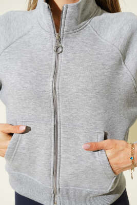 Basic Önü Fermuarlı Kısa Hırka Gri - Kadın Giyim Modelleri