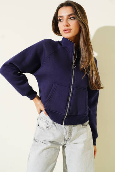 Basic Önü Fermuarlı Kısa Hırka Lacivert - Kadın Giyim Modelleri