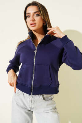 Basic Önü Fermuarlı Kısa Hırka Lacivert - Kadın Giyim Modelleri