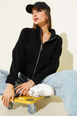 Basic Önü Fermuarlı Kısa Hırka Siyah - Kadın Giyim Modelleri