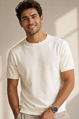 Basic Örme Erkek T-shirt Ekru - EKSİ BİR