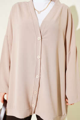 Basic Oversize Düğmeli Hırka Bej - Hırka