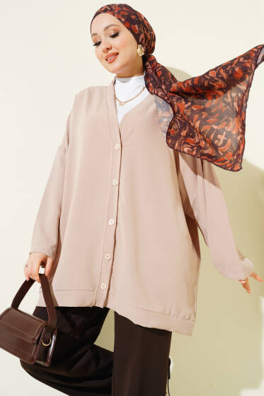 Basic Oversize Düğmeli Hırka Bej - Hırka