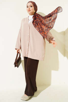 Basic Oversize Düğmeli Hırka Bej - Hırka