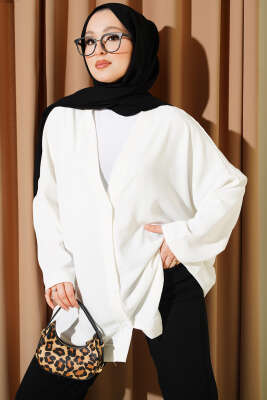 Basic Oversize Düğmeli Hırka Beyaz - VAV TEKSTİL