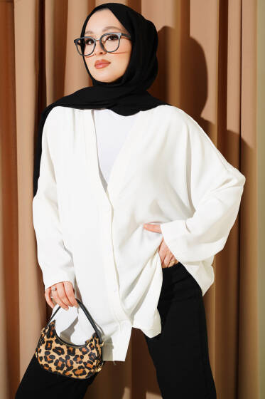 Basic Oversize Düğmeli Hırka Beyaz - Hırka