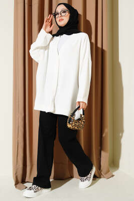 Basic Oversize Düğmeli Hırka Beyaz - Hırka