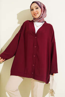 Basic Oversize Düğmeli Hırka Bordo - VAV TEKSTİL