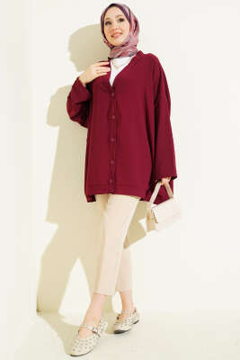 Basic Oversize Düğmeli Hırka Bordo - Hırka