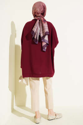 Basic Oversize Düğmeli Hırka Bordo - Hırka