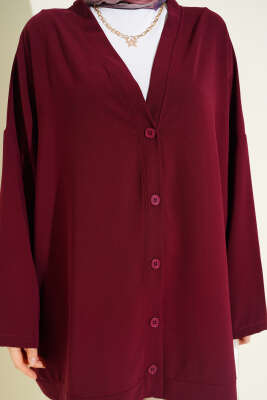 Basic Oversize Düğmeli Hırka Bordo - Hırka