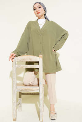 Basic Oversize Düğmeli Hırka Çağla Yeşili - Hırka