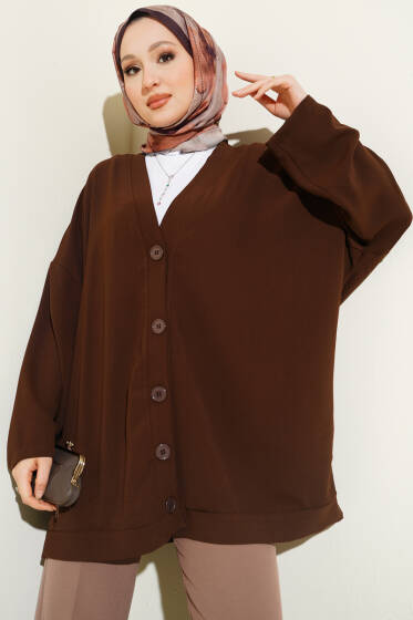 Basic Oversize Düğmeli Hırka Kahve - Hırka