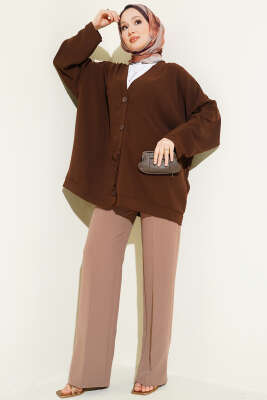 Basic Oversize Düğmeli Hırka Kahve - Hırka