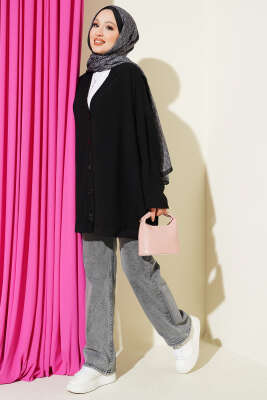 Basic Oversize Düğmeli Hırka Siyah - 500-700 TL Ürünler