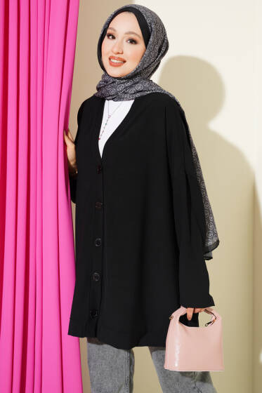 Basic Oversize Düğmeli Hırka Siyah - Hırka