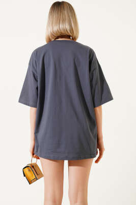 Basıc Oversize T-Shirt Füme - Kadın Giyim Modelleri