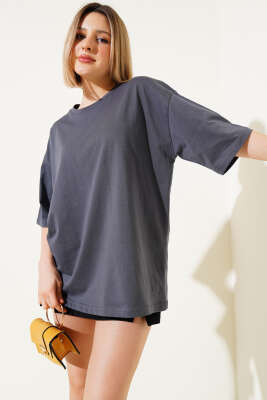 Basıc Oversize T-Shirt Füme - Kadın Giyim Modelleri