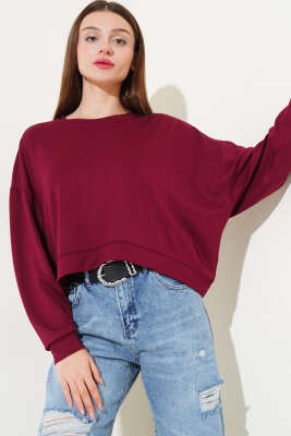 Basic Oversize Kısa Sweatshirt Bordo - Yeni Giyim