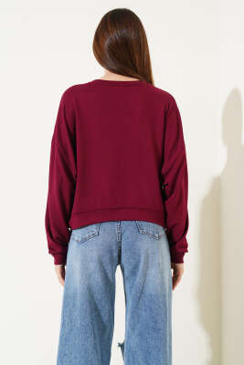 Basic Oversize Kısa Sweatshirt Bordo - Yeni Giyim