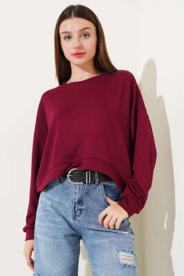 Basic Oversize Kısa Sweatshirt Bordo 