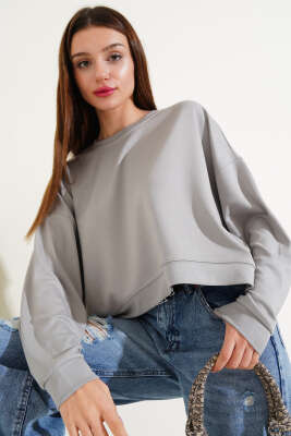 Basic Oversize Kısa Sweatshirt Gri 