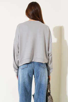 Basic Oversize Kısa Sweatshirt Gri - Yeni Giyim