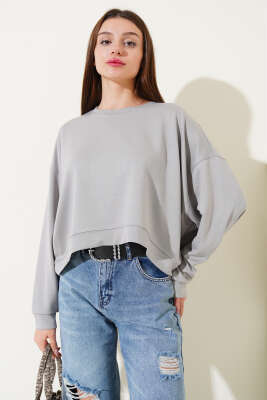 Basic Oversize Kısa Sweatshirt Gri - Yeni Giyim