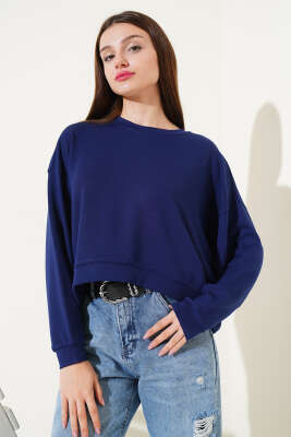 Basic Oversize Kısa Sweatshirt Lacivert - Yeni Giyim