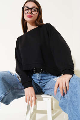 Basic Oversize Kısa Sweatshirt Siyah 