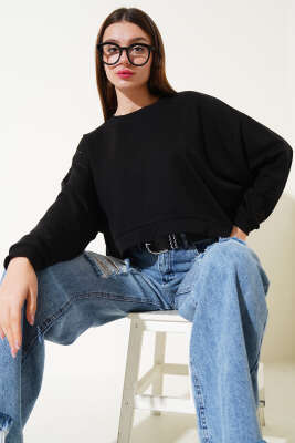 Basic Oversize Kısa Sweatshirt Siyah - Yeni Giyim