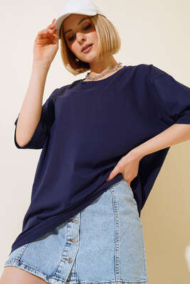 Basic Oversize T-Shirt Lacivert - Thumbnail